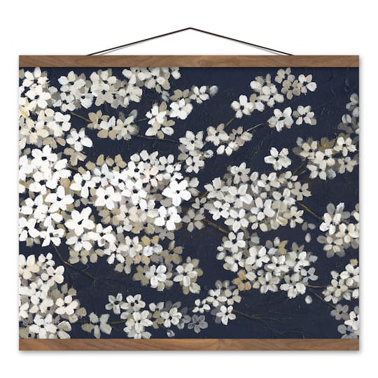 White Blossoms on Navy Teak Hanging Canvas